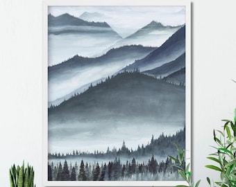 Foggy Mountains Watercolor Print - FREE SHIPPING