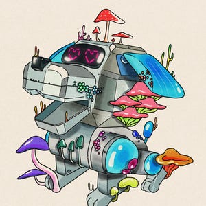 May include: A whimsical robot dog with a blue and white body, decorated with colorful mushrooms and flowers. The robot has a large, round, blue eye and a pair of pink hearts for eyes.