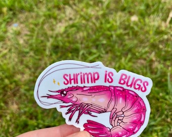 Puede incluir: Una pegatina blanca con una ilustración de camarón rosa y el texto "Shrimp is Bugs".