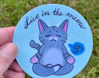 May include: A blue and gray cat meditating with a pink Om symbol on a light blue background. The text "Live in the meow" is written in black cursive.