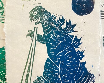 Handprinted Godzilla Block Print 5inx7in