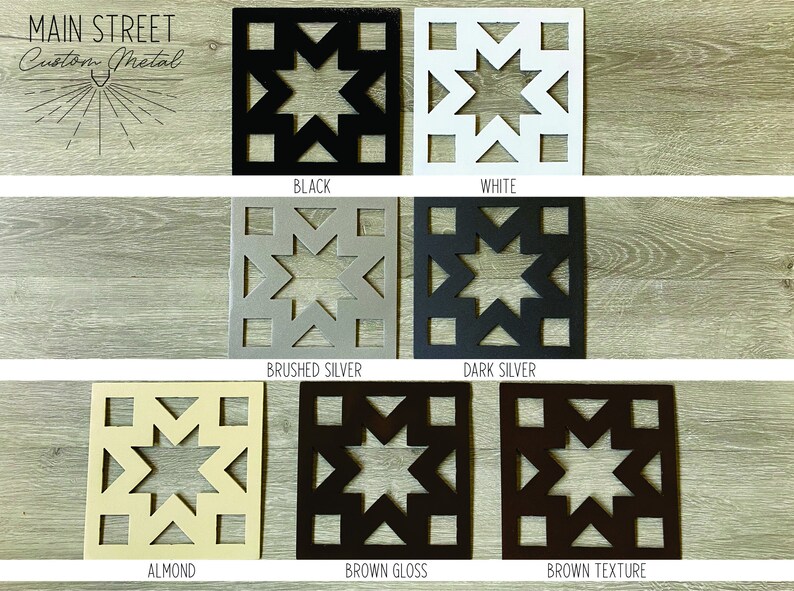 Puede incluir: Arte mural de metal en varios colores, incluyendo negro, blanco, plata cepillada, plata oscura, almendra, marr&oacute;n brillante y textura marr&oacute;n. Cada pieza presenta un dise&ntilde;o de estrella dentro de un marco cuadrado. El logotipo "Main Street Custom Metal" est&aacute; en la esquina superior izquierda.