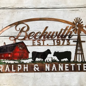 May include: A metal sign with a red barn, two cows, a windmill, and the text "Beckwith Est. 1973 Ralph & Nanette".