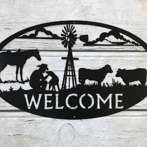 Welcome Sign with Farm Ranch Scene Custom Metal Art