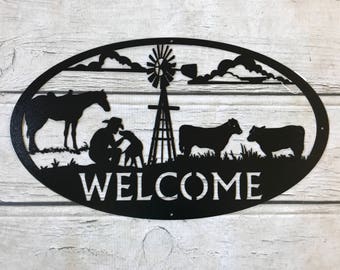 Welcome Sign with Farm Ranch Scene Custom Metal Art