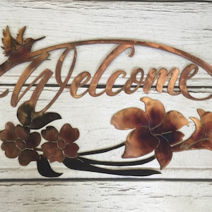 Welcome Metal Art Sign featuring Hummingbird, Dogwood and Iris