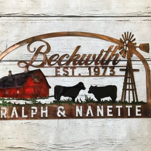 May include: A metal sign with a red barn, two cows, and a windmill. The sign reads "Beckwith Est. 1973 Ralph & Nanette".