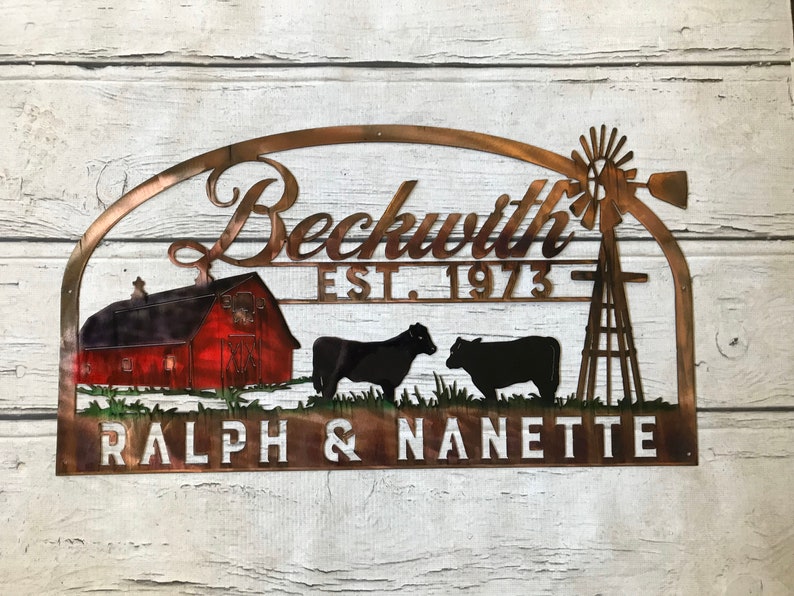 May include: A metal sign with a red barn, two cows, and a windmill. The sign reads "Beckwith Est. 1973 Ralph & Nanette".