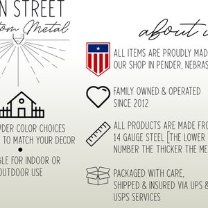 Puede incluir: Imagen con texto: "MAIN STREET Custom Metal". Incluye iconos y texto que indica que los productos se fabrican en Pender, Nebraska, EE. UU., de propiedad familiar desde 2012 y fabricados con acero de calibre 14. Tambi&eacute;n menciona 15 opciones de color en polvo.