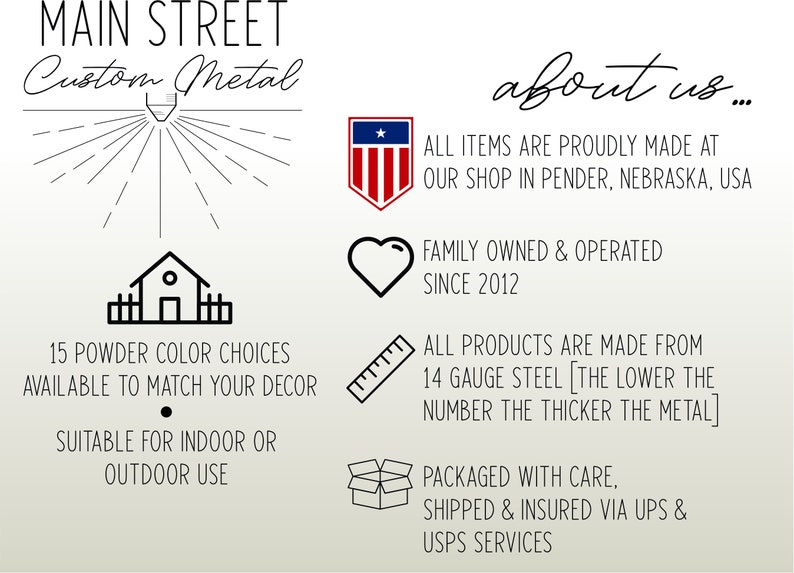 Puede incluir: Imagen con texto: "MAIN STREET Custom Metal". Incluye iconos y texto que indica que los productos se fabrican en Pender, Nebraska, EE. UU., de propiedad familiar desde 2012 y fabricados con acero de calibre 14. Tambi&eacute;n menciona 15 opciones de color en polvo.