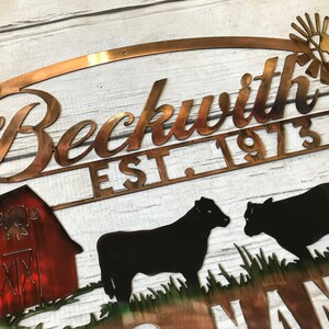 May include: Metal sign with the text "Beckwith Est. 1973" in a copper color. The sign also features a red barn, two black cows, and a windmill.