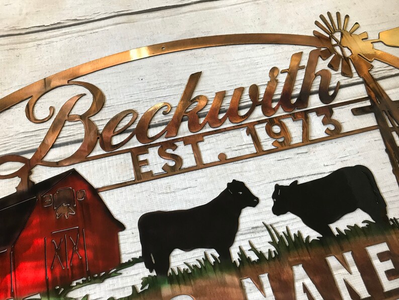 May include: Metal sign with the text "Beckwith Est. 1973" in a copper color. The sign also features a red barn, two black cows, and a windmill.