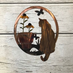 Cat sitting in garden metal sign, READY TO SHIP! cat sign, metal cat sign