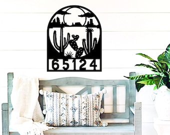 Letrero de dirección con escena desértica, letrero de dirección personalizado, letrero de dirección, diseño de cactus y puesta de sol, decoración para exteriores, decoración del hogar del suroeste