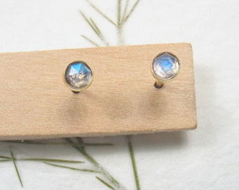 3mm rose cut Moonstone , solid 9k yellow gold studs earrings, Mother day earrings
