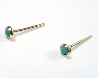 Solid yellow gold tiny 3mm cabochon Turquoise ,gold studs.