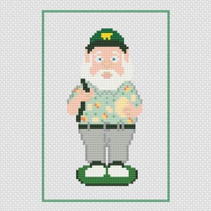 May include: Cross-stitch design of a gnome wearing a green hat with a yellow emblem, a floral shirt, gray pants, and a black belt. The gnome is holding a black object in one hand and a yellow object in the other. The design is framed in green.