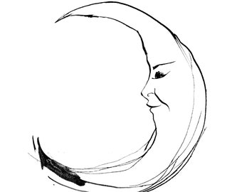 Printable Crescent Moon Illustration, Digital Download Crescent Moon, Paper Moon Download, Black and White Moon