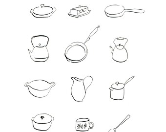 Pots and Pans Printable Illustration, Digital Download Print, Black and White Linear Pots and Pans, Kitchen Illustration