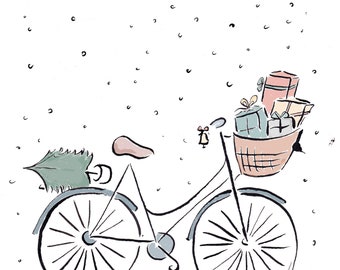 Printable Christmas Bicycle Illustration, Digital Download Print, Christmas Print