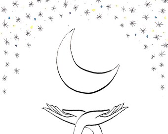 Printable Hands Moon and Stars Illustration, Digital Download Moon and Hands, Cosmic Print