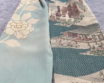 Sweet cream and light blue silk kimono scarf