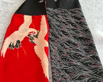 Handmade Silk Kimono Scarf with Cranes and Shibori.