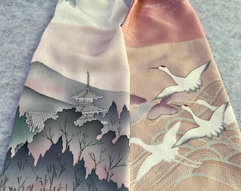 Soft pink and cream silk  with CRANES kimono scarf.