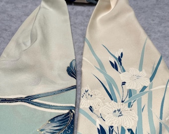 Teal and cream hand painted and embroidered  silk kimono scarf FREE US SHIPPING