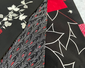 Vintage Japanese Kimono Silk Scarf: Red, Black & White Peacock Feather Design