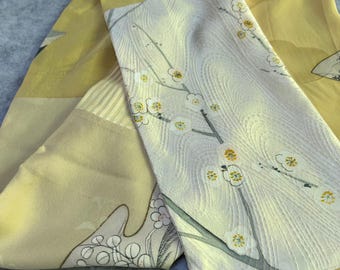 Soft yellow, cream and grey silk kimono  scarf