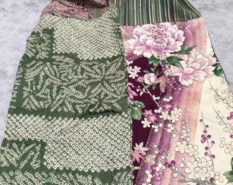 Vintage Silk Kimono Scarf: Floral Japanese Motifs, Purple & Green