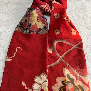 Vibrant dark  red  floral silk kimono scarf