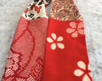 LONG Vibrant red  and white silk kimono scarf