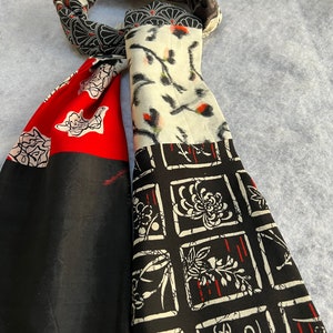 Red black white silk kimono scarf