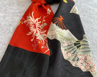 Silk kimono scarf- fans and flowers
