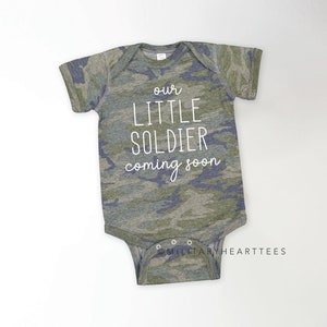 Our little soldier coming soon baby bodysuit, military themed baby announcement, personalized camo baby announcement, army baby reveal