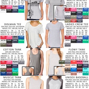 May include: A chart showing different types of shirts and their measurements in inches. The chart includes a V-neck, dolman, crew neck, tank, muscle tank, flowy tank, and baseball tee. The chart also includes the fabric composition and colour options for each shirt.