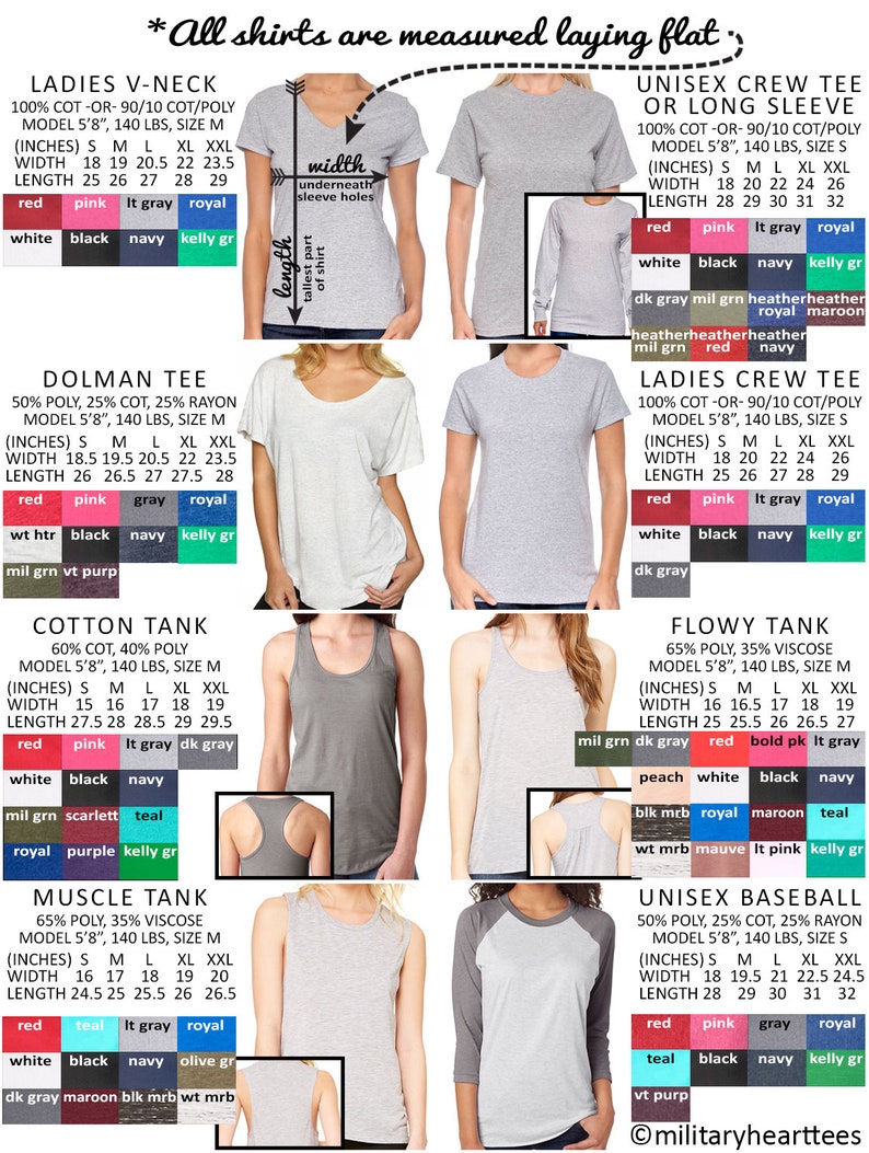 May include: A chart showing different types of shirts and their measurements in inches. The chart includes a V-neck, dolman, crew neck, tank, muscle tank, flowy tank, and baseball tee. The chart also includes the fabric composition and colour options for each shirt.