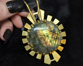 HYPERDRIVE Large Flashy Labradorite Brass Statement Pendant, gift for her