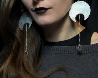 MOONDROP Earrings / Aluminum silver toned light weight moon celestial statement earrings witchy goth boho