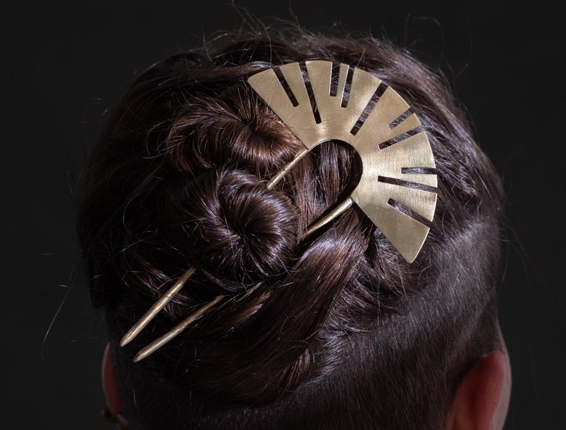REY Brass Statement Handmade Hair Stick, gift for her image 1