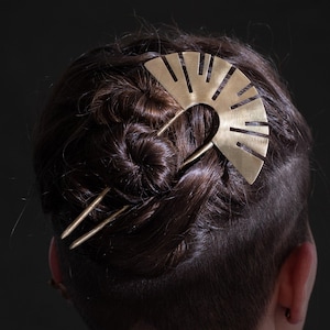 REY Hair Stick / Brass statemen earrings golden scifi sun hair fork gold aztec hair pin for long short fine thick and curly hair