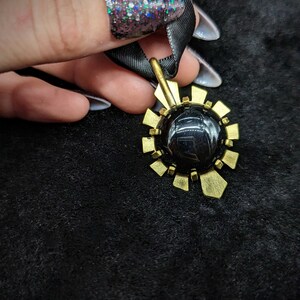 HYPERDRIVE Small Black Agate  Brass Pendant, gift for her