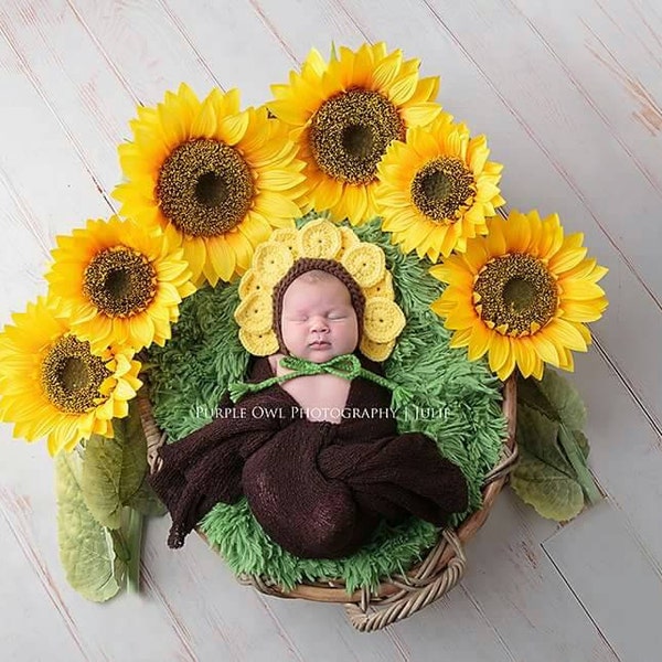 Crochet Sunflower Bonnet- Newborn to 6-12 Months- Photo Prop