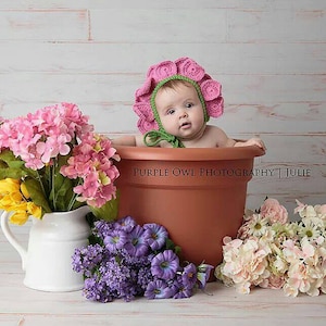 Crochet Pink Flower Bonnet- Newborn to 6-12 Months- Photo Prop