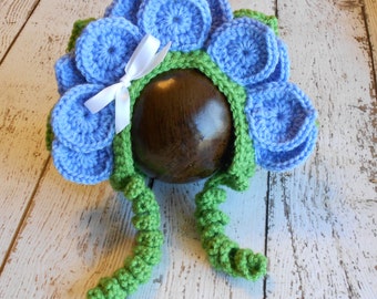 Crochet Bluebell Flower Bonnet- Newborn to 6-12 Months- Photo Props