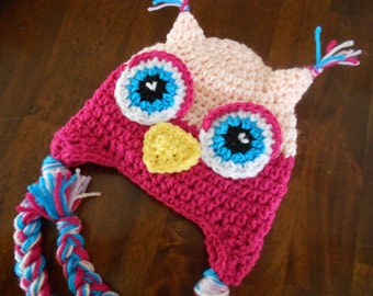 Crochet Owl Hat- Pink- Newborn to Adult