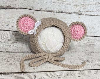 Gehäkelte Baby Maus Mütze- Neugeborene bis 12-18 Monate- Beige und Pink- Photo Prop