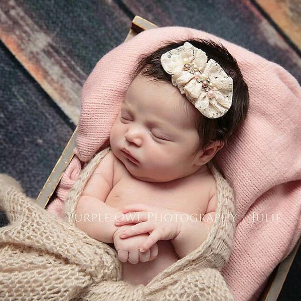 Lace Ruffle Pearl and Rhinestone Headband-Beige-Newborn to Adult